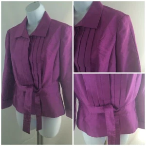 BCBGMAXAZRIA Purple 100% Silk Textured Pleated Belted Button Jacket Womens sz 6 - Picture 1 of 9