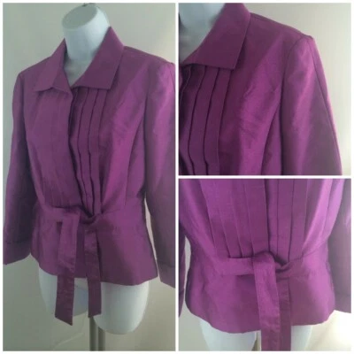Chaqueta BCBGMAXAZRIA para mujer talla 6 púrpura 100 % seda texturizada plisada con cinturón botón Foto 1 de 4