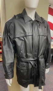 Beautiful Wilsons Black Leather Jacket Mens Medium Mid Length Coat Belted - Picture 1 of 7