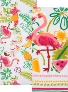 2 VERSCHIEDENE BAUMWOLLFROTTETÜCHER (15""x26"") SOMMER, TROPISCHE GEGENSTÄNDE & FLAMINGO, KO - Bild 1 von 18