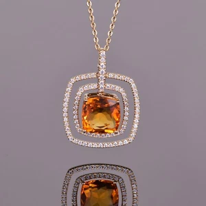 Citrine Double Diamond Halo Pendant 14k Yellow Gold - Picture 1 of 2
