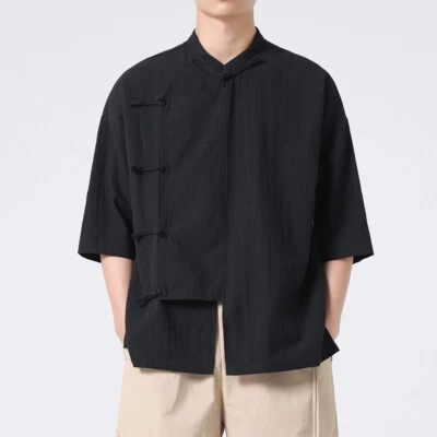 Men Cotton Linen Button Down Shirt Top 3/4 Sleeve Standing Collar Comfort Blouse - Image 1 of 4