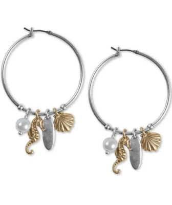 $29 LUCKY BRAND SEA LIFE TWO TONE CHARM 2-1/5" XL HOOP EARRINGS C25a - Image 1 of 4
