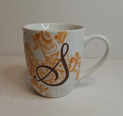 Pier 1 AVA Monogram Initial Letter S 杯马克杯压花花卉橙色瓷器 — 第 1/2 张图片