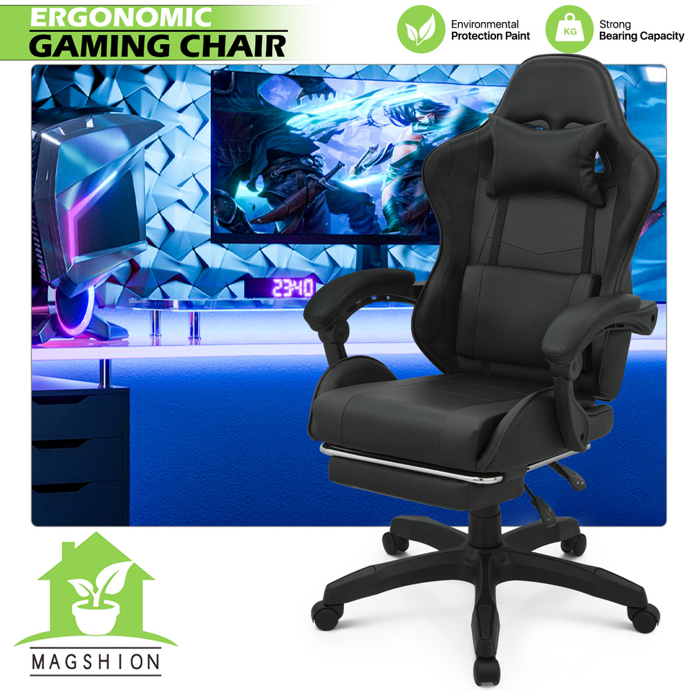 Black Gaming Racing Chair[LUMBAR SUPPORT+FOOTREST]Office Swivel Reclinable Seat
