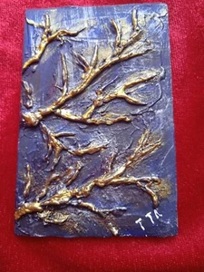 ACEO Card, original relief art painting. Night, gold tree branches. - Picture 1 of 12