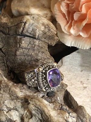 35. Anillo vintage de amatista facetada de oro de 18 quilates de plata de ley 925 BA 7,75 años 13,4 g Foto 1 de 4