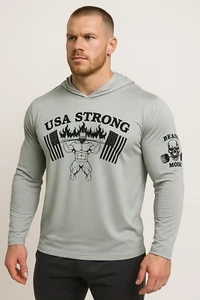 USA Strong Mens Activewear Lightweight Long Sleeve Fitness Hooded Shirt, UPF 50+ - Picture 1 of 8