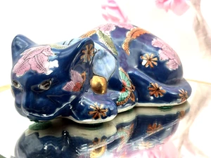 Vintage Figurine Cat Porcelain Cloisonné Blue Gilded Laying Cat Ornament - Picture 1 of 11
