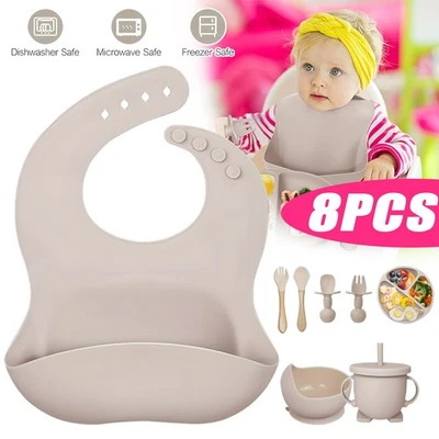 8 Pcs Silikon Baby Geschirrset Kleinkind Füttern Entwöhnung Set Silikon Lätzchen - Bild 1 von 4