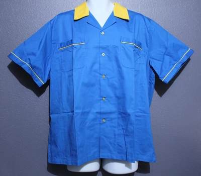 Hilton Bowling Retro Short Sleeve Button Up Bowling Shirt Men's Size L  Blue - Image 1 of 4