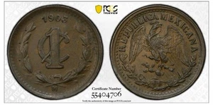 1903 M MEXICO 1 CENTAVOS COPPER COIN PCGS AU58 KM-394.1 - Picture 1 of 2