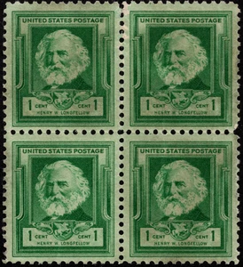US Stamp Scott # 864 Block Used - 1 Cent Bright Blue Green Henry Longfellow - Picture 1 of 1
