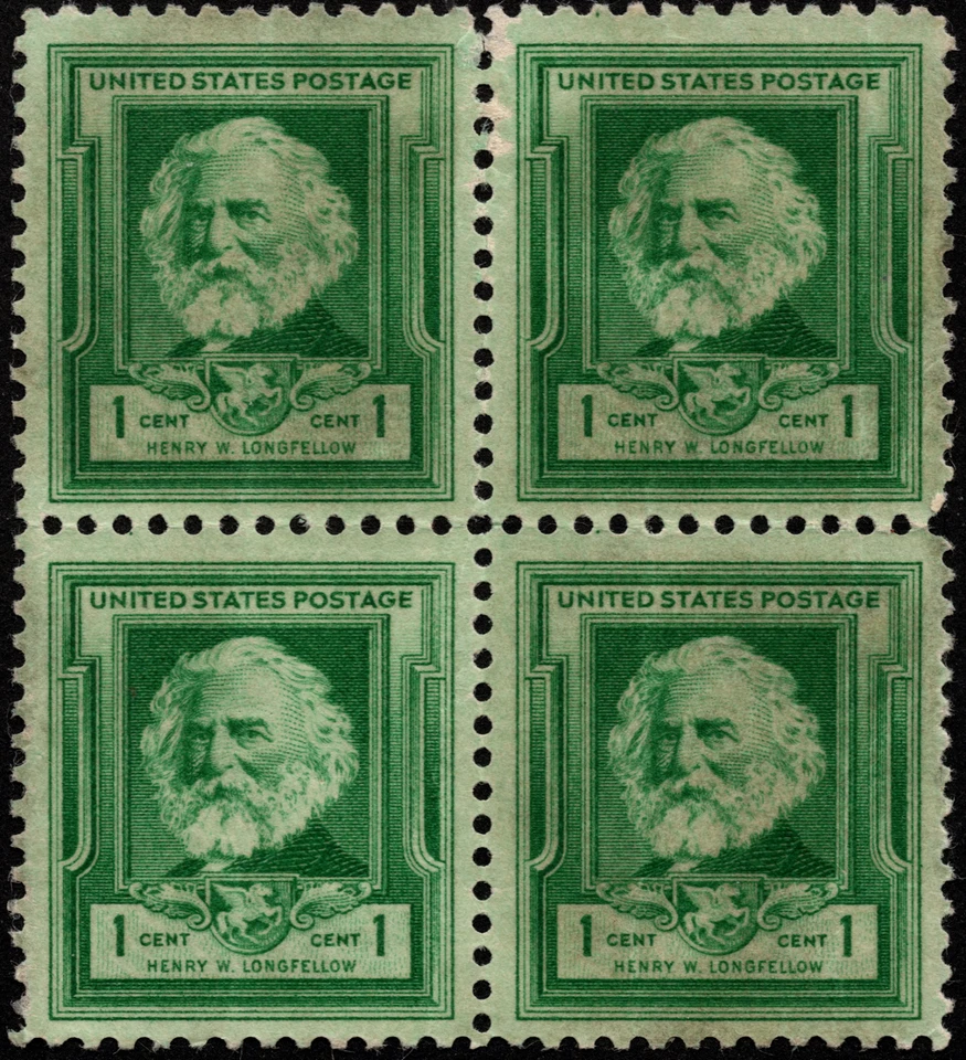 US Stamp Scott # 864 Block Used - 1 Cent Bright Blue Green Henry Longfellow - Image 1 of 1