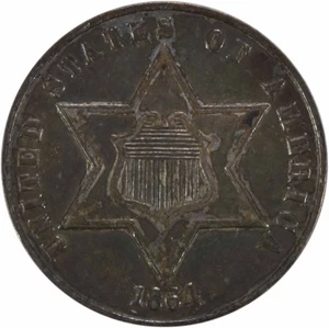 1864 Three Cent Silver AU Uncertified #1009 - Picture 1 of 2