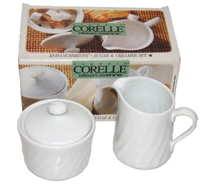 Corelle Crown Corning Verbesserungen Zucker & Milchkännchen Set weiß Wirbel New Old Stock - Bild 1 von 5