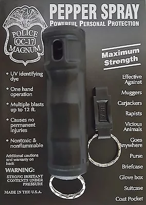 Police Magnum pepper spray 1/2oz Black Flip Top Keychain Quick Release Security