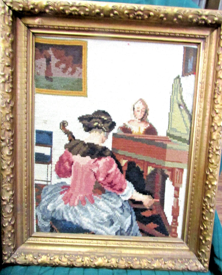 VINTAGE NEEDLE POINT BY SUZANNE POGET PHYLLIS CALDWELL CELLIST ANTIQUE FRAME - Image 1 of 3
