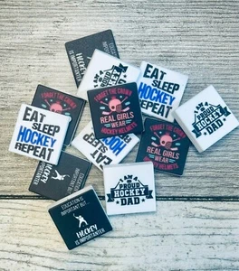 Hockey Themed Printed Square Silicone Focal Beads | Girls, Eat Sleep Repeat - Picture 1 of 5