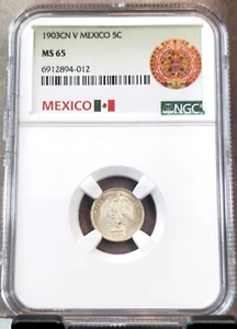 1903 Cn V MEXICO SILVER 5 CENTAVOS 5C NGC MS 65 RARE BEAUTIFUL GEM BU - Picture 1 of 3