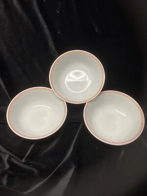 Juego de 3 cuencos de sopa de cereal vintage Corelle blancos con rayas rosas y beige Foto 1 de 4