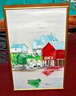 Vintage Nautical Painting Signed G. Jupa Canoe Huts Houses Water Ocean Colorful