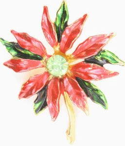 Broche de Navidad Vintage Grande Tono Dorado Rojo Verde Flor de Pascua Pin Pintado - Imagen 1 de 3