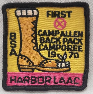 Mochila Camporee vintage BSA 1970 parche de tela Boy Scouts of America Camp Allen - Imagen 1 de 4