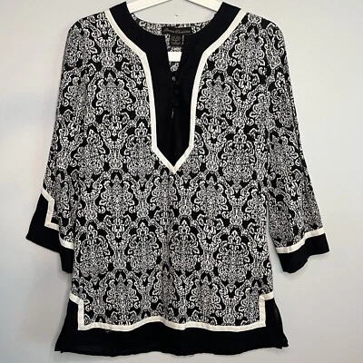 Marisa Christina Women’s Linen Blouse Tunic Size S Black White Unique Design - Image 1 of 4