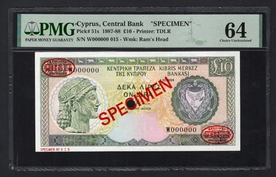 Cyprus 10 Pounds 1-10-1988 P51s "Specimen" Uncirculated Grade 64 - Image 1 of 2