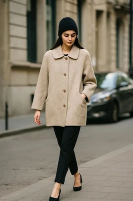 Abrigo de lana Herman Kay vintage avena bronceado abotonado forrado hombreras talla grande Foto 1 de 4