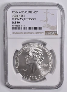 MS70 1993-P Jefferson Commem. Silver Dollar Coin & Currency NGC Brown Lbl *4647 - Picture 1 of 5