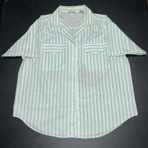 Vintage Bon Magique Hemd mit Knöpfen Damen 38/18 W türkis weiß Streifen Taschen - Bild 1 von 7