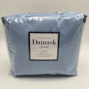Charter Club Damask Solid 550 TC Supima Cotton QUEEN Sheet Set Blue - Picture 1 of 10