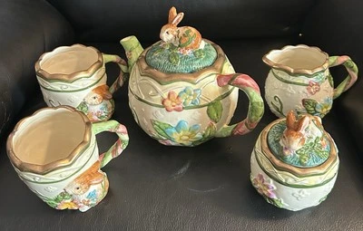 WMG Vintage Spring Garden Springtime Bunny/Rabbit Teapot Set Floral Stoneware - Image 1 of 4