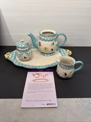 E1 Temptations GINGHAM 花园瓢虫花蓝色石器茶壶套装 Gb4 — 第 1/4 张图片