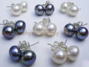 Wholesale 8 Pairs Natural White Black Freshwater Cultured Pearl Stud Earrings - Picture 1 of 17