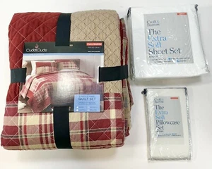 Cuddl Duds 3-piece Red Patchwork Full/Queen Quilt Set w/ Croft & Barrow Sheets.. - Picture 1 of 8