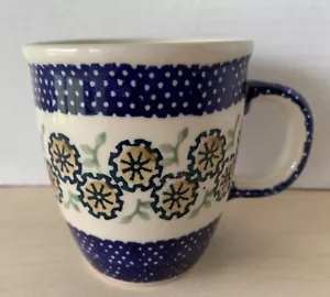 Polish Pottery Mug Manufaktura Handmade Bolestawcu Blue Dots Yellow Flower #4 - Picture 1 of 4