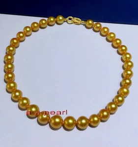 AAAAA 18"11-12MM NATURAL real round south sea golden pearl necklace 14K gold - Picture 1 of 5