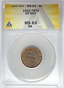 1932 Great Britain Farthing Coin ANACS MS 63 RB - Picture 1 of 2