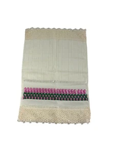 Dohler Ivory Hand Towel Crochet Hem Embellished Pink Green Ribbon 18" X 12" - Picture 1 of 9