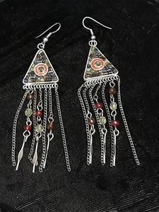 Pendientes de cadena de cuentas de plata colgantes perforadas de 3 1/2"" de colección triángulo sin marcar - Imagen 1 de 8