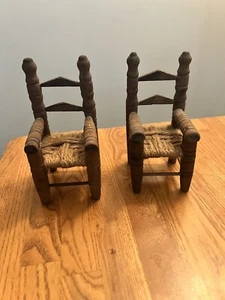 Pair Of Doll Chairs Wood Rush Seat Vintage 5” Tall, 2.5” Wide - Picture 1 of 5