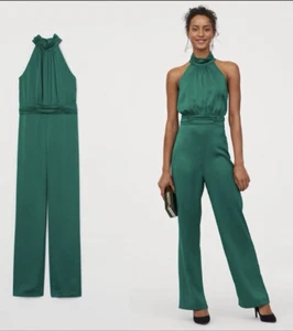 H&M Green Satin Halter Neck Jumpsuit, Size 2, NWT *Sold Out Style* - Picture 1 of 4