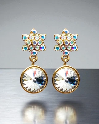 Brincos de cristal Aurora Borealis Cluster Swarovski Elements folheados a ouro 18K - Imagem 1 de 4