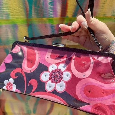 Cartera Floral Rosa Hippie Mod De Colección con Estrás Stock Muerto Y2K Vinilo Bolso de Mano Foto 1 de 4
