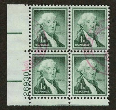 US 1956 #1031  George Washington 1c Green (Dry) Plate Block of 4 Used - Image 1 of 2
