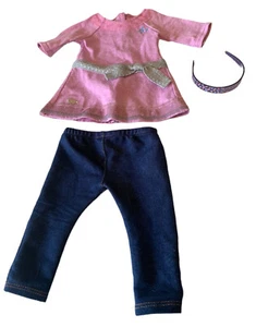 American Girl Doll Outfit Clothing Denim Jeans Blouse matching Head Band Set - Picture 1 of 3