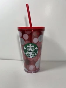 Starbucks 2019 Holiday Red Silver Circles Polka Dot Tumbler with Red Straw 16oz - Picture 1 of 4